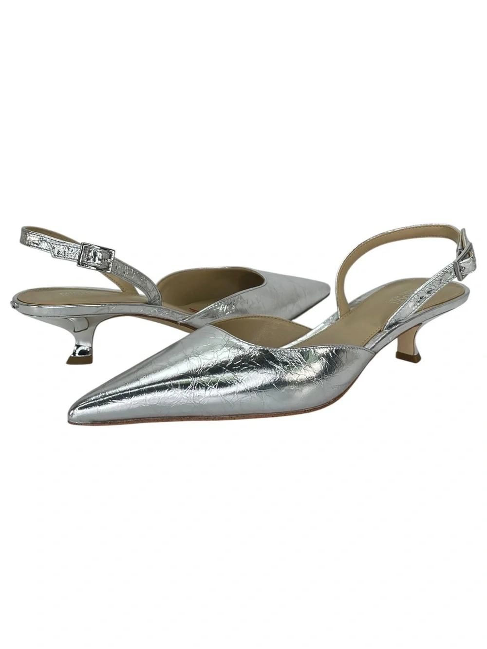 Michael Kors Luna Silver Leather Slingback Womens Kitten Heels Size 7.5M